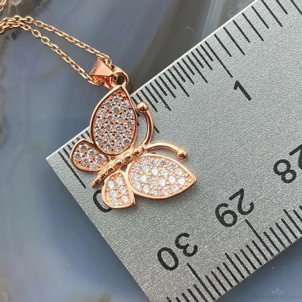 Sterling Silver Rose Coated with Cubic Zirconia Butterfly Pendant with Chain